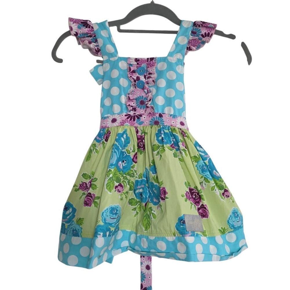 Eleanor Rose Girl's Size 6-7 Meredith 785 Blue Dot Green Floral Sundress